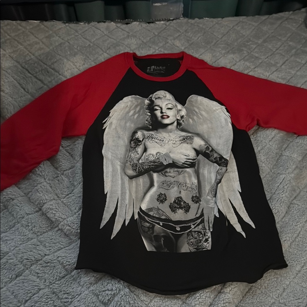 Red and Black Angel Graphic Raglan Shirt